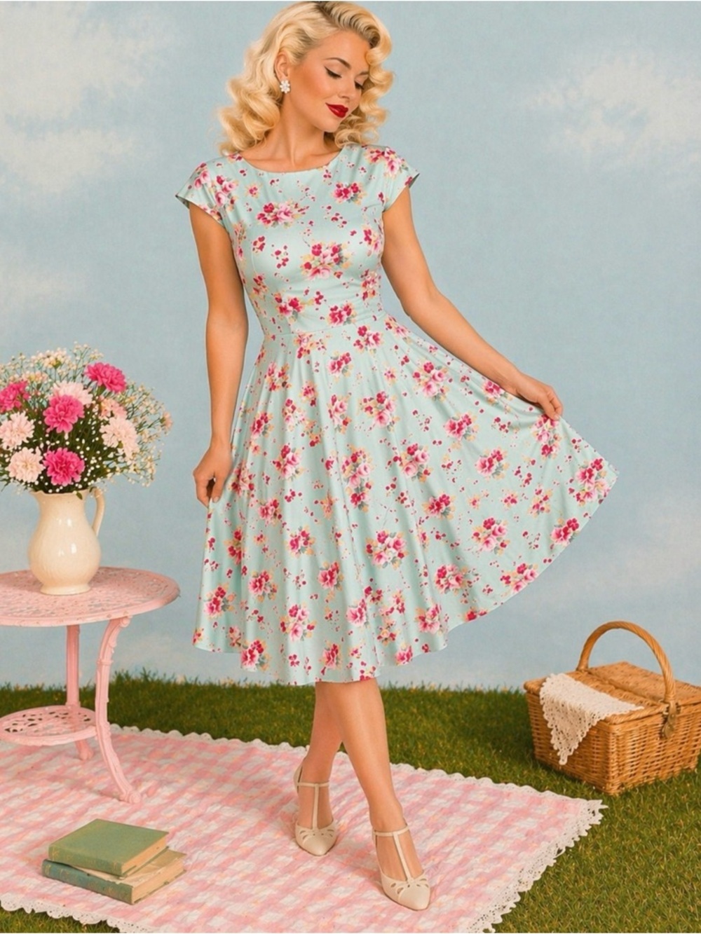 Dressystar Blue and Pink Floral Rose Print Fit & Flare Dress